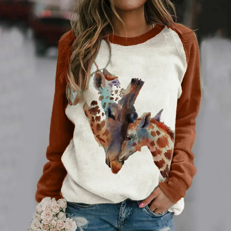 

Hot Sale Spring Raglan Sleeves Giraffe Print Christmas T-Shirt for Women Casual O-neck Long Sleeve Tops Pullover Solid Loose Tee