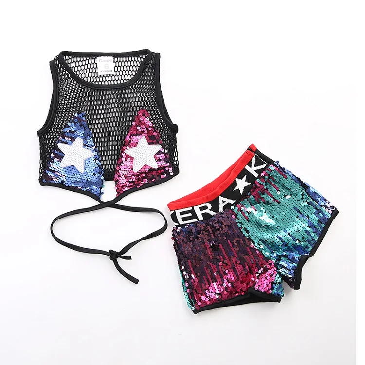 

Girls Jazz Dance Costumes Kids Sequin Vest Shorts Jacket Hip Hop Dancing Street Dance Clothing Stage Performance Costume