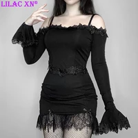 gothic sexy off shoulder lace tirm mini dresses for women y2k vintage black flare sleeve bodycon party dresses fairy grunge