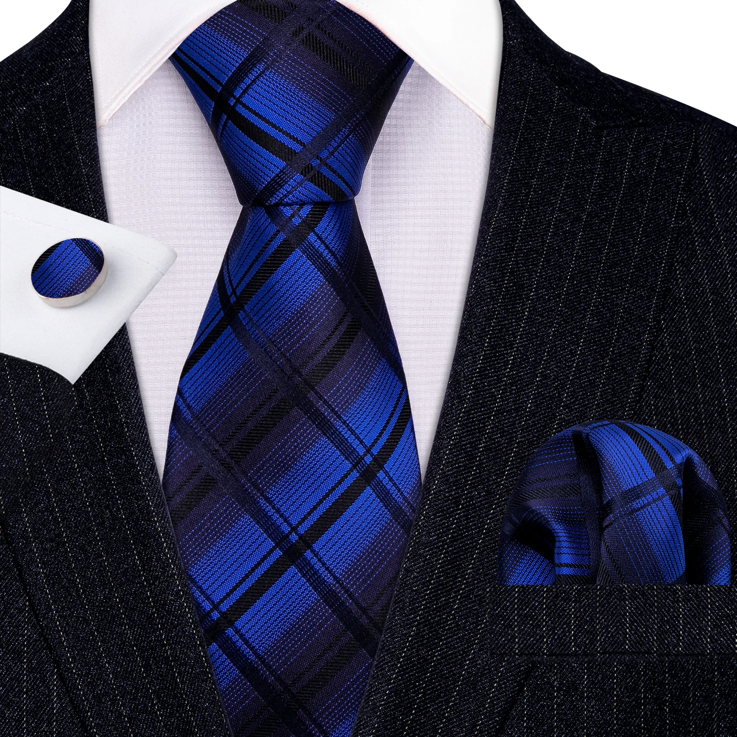 

Fashion New Blue Plaid 100% Silk Tie Gifts For Men Gifts Suit Wedding Tie Barry.Wang NeckTies Hanky Sets Business LN-5340