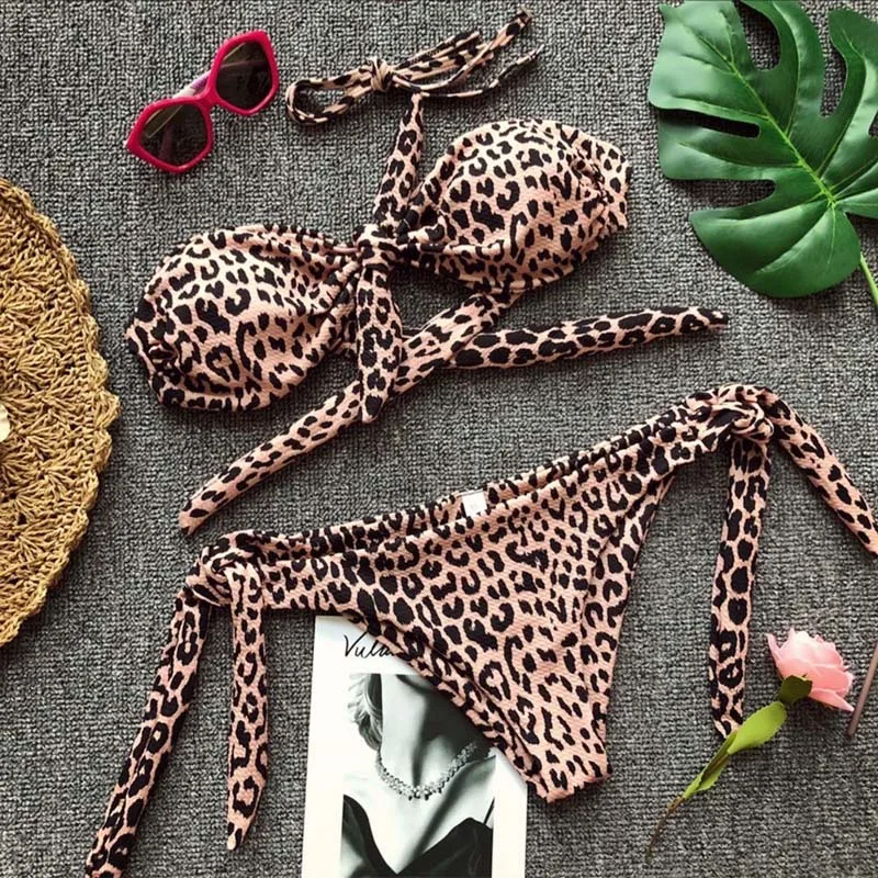 2020 Sexy Bandeau Bikini Set Women Dots Leopard Strapless Swimwear Thong Swimsuit Two Pieces | Женская одежда