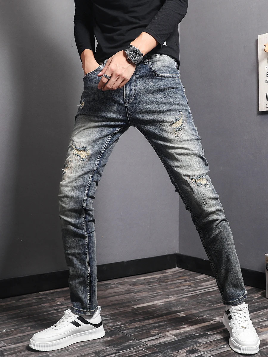 

Italian Style Fashion Men Jeans Retro Blue Wash Elastic Slim Fit Ripped Denim Trousers Patchwork Vintage Designer Pencil Pants