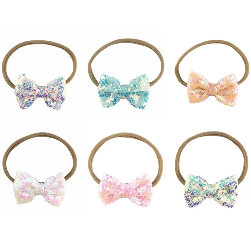 

30pcs/lot 3inch Glitter Sequin Bow With Nylon Headbands Kids Soft Nylon Elastic Headband Girls Photo Props Headwear Accessories