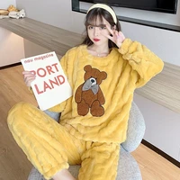 loose simple printing cute sweet pajamas coral velvet thick thick warm home service autumn and winter new pajamas