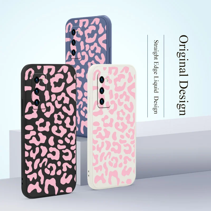 

Pink Leopard Liquid Silicone Phone Case For Huawei P40 P50 P30 P20 Pro Lite Mate 40 30 20 Pro Lite Nova 5t Y7A Soft Back Cover