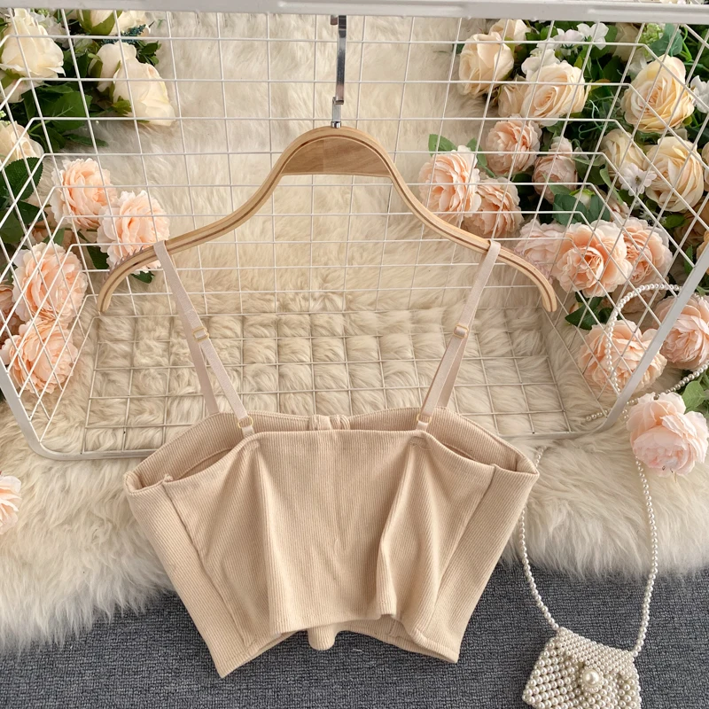 

Letter Embroidery Tops Women Korean Design Backless Slim Short Camisole Summer Sexy Off Shoulder Strap Crop Top