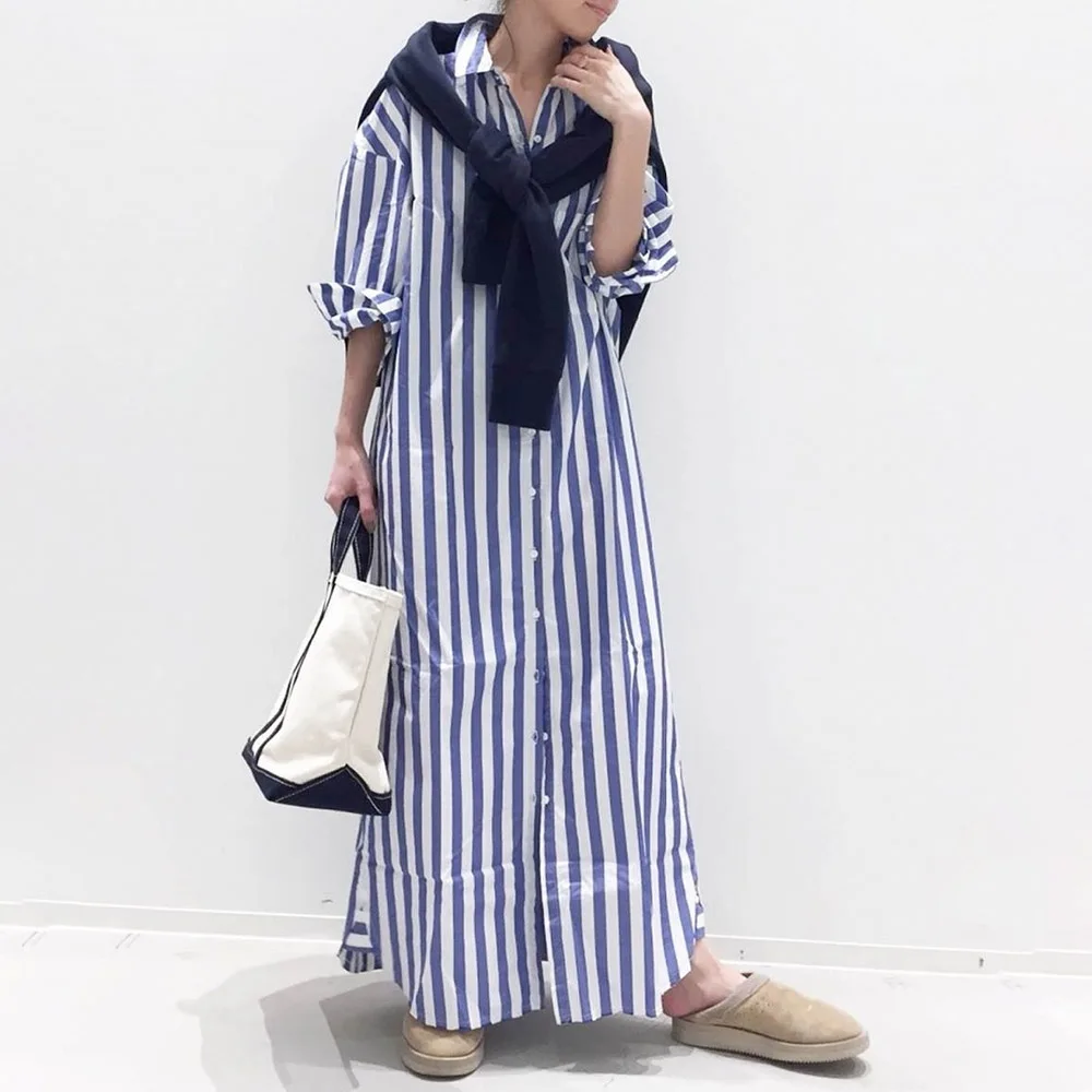 

Ankle-Length Long Sleeve Button A-Line Women's Dress Japanese Korean Style Casual Comfortable Fashionable Autumn Ladies Clothing