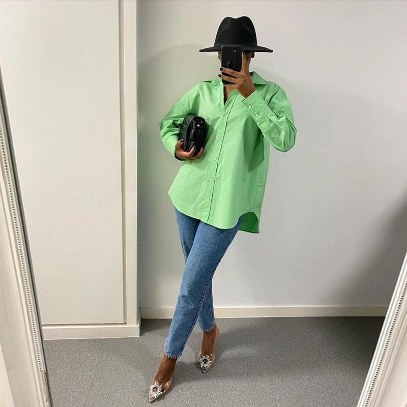 

Green Blouse Female Casual Turn-down Collar Long Sleeve Single-Breasted Women Clothing Basic Asymmetric Hem Chic Shirt Top 2021