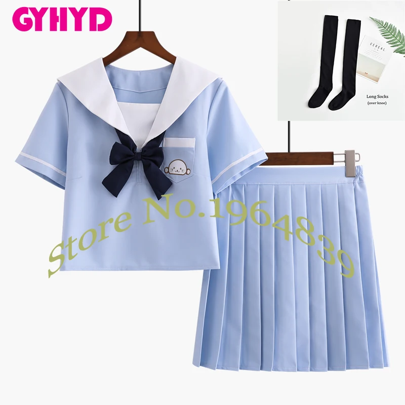 Short Set With Socks Вышивка JK, костюмы для косплея, небесно-голубой топ+ юбка+ галстук, школьная форма, милый японский костюм студентки для девочек - Цвет: Short Set With Socks