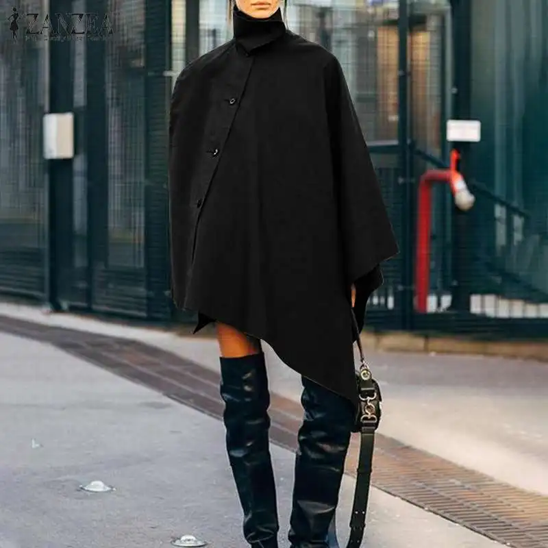 

Стильные женские пальто, женские пончо ZANZEA 2021, повседневные однотонные ветровки, Женская двубортная верхняя одежда большого размера