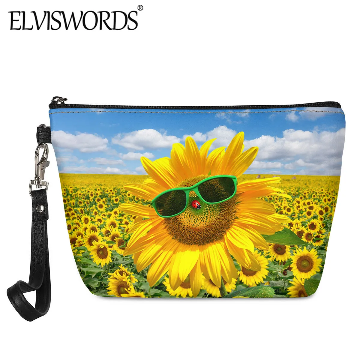 

ELVISWORDS, мода 2020, новинка, Женский чехол, счастливые Подсолнухи, дизайнерская косметичка, прочные сумки для макияжа из искусственной кожи, жен...