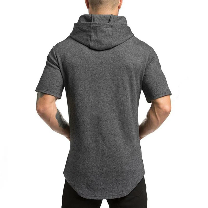 

Mens Bodybuilding Hoodies Gyms Hooded Short Sleeve Fitness Clothing Muscle Shirt Cotton Slim Solid Cotton Pullover Sweatshirt