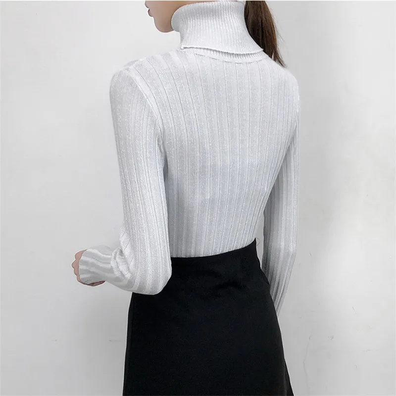 Shiny Lurex Autumn Winter Women Sweater Casual Long Sleeve Turtleneck Slim Pullover 2019 Korean Style Knitted Tops | Женская одежда
