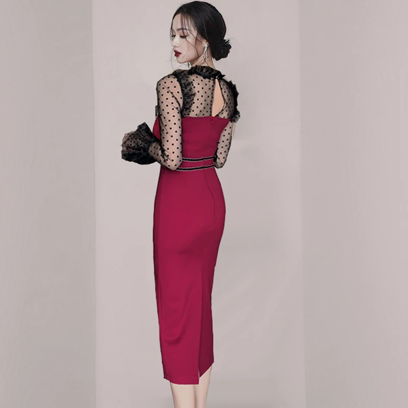 

COIGARSAM Patchwork Women dress New Spring Polka Dot Lace Mesh Dresses Wine Red 969