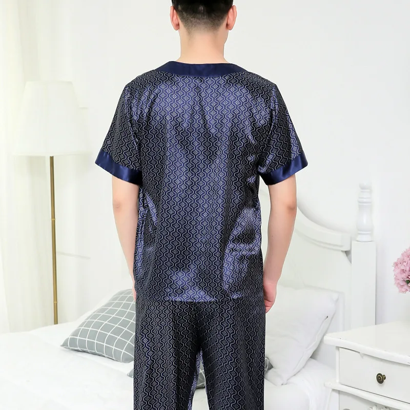Men Pajamas Set V-Neck Pullover Stain Silk Pajama Man Soft Cozy Sleepwear Pyjamas Nightgown Trousers Sleeping Men Home Clothing
