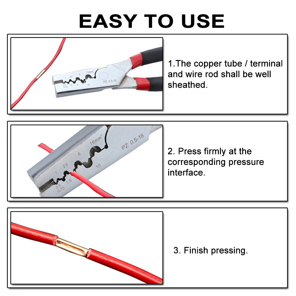 

PZ 0.5-16 Crimping Plier Hand Tool Tube Terminal Durable Non-Insulated Multifunctional Home Non Slip Easy Use Portable Wire