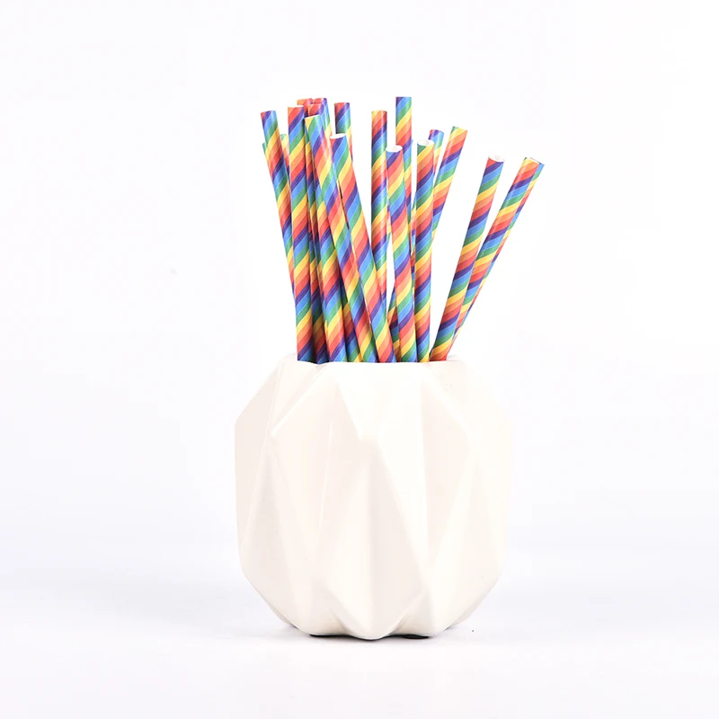 

25pcs/pack Disposable Drinking Straws Rainbow Stripe Biodegradable Paper Straw Home Party Supplies