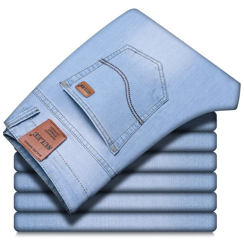 

2020 Sulee Brand Light Blue Stretch Cotton Jeans Male Brand Trousers Classic Style Men Ultra-thin Jeans Business Casual