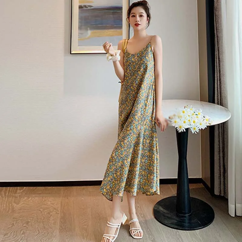 

Elegant Women Sleeveless Dress Female Streetwear Sexy Spaghetti Strap Backless Floral Dress