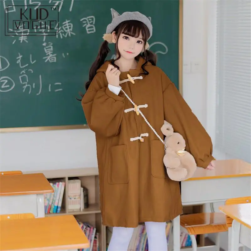 Japenese Style Students Winter Soft Cute Little Devil Lantern Sleeves Horn Buckle Loose Coat Girls Woolen Purple Brown Coat
