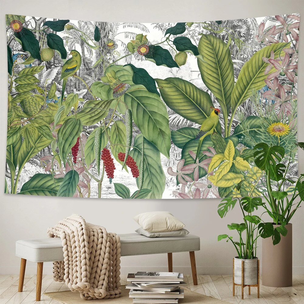 Красивый тропический настенный гобелен с рисунком пальмовых листьев и цветов
