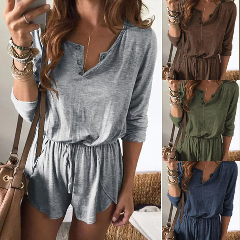 

2021 Fashion Solid Color Rompers Women Casual Button Pullover Long Sleeve Shorts Jumpsuits Elastic Waist Sets Vintage Playsuit