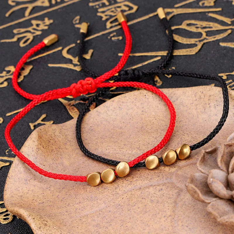 

New Tibetan Copper Bead Bracelet Set Buddhist Beaded Braided DIY Lucky Adjustable Rope Chain Metal for Women Men Couple Jewelry