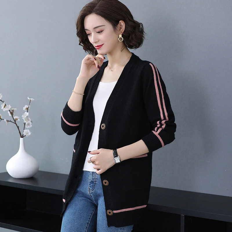 Женский Длинный свитер TIGENA вязаный кардиган в полоску с карманами и пуговицами