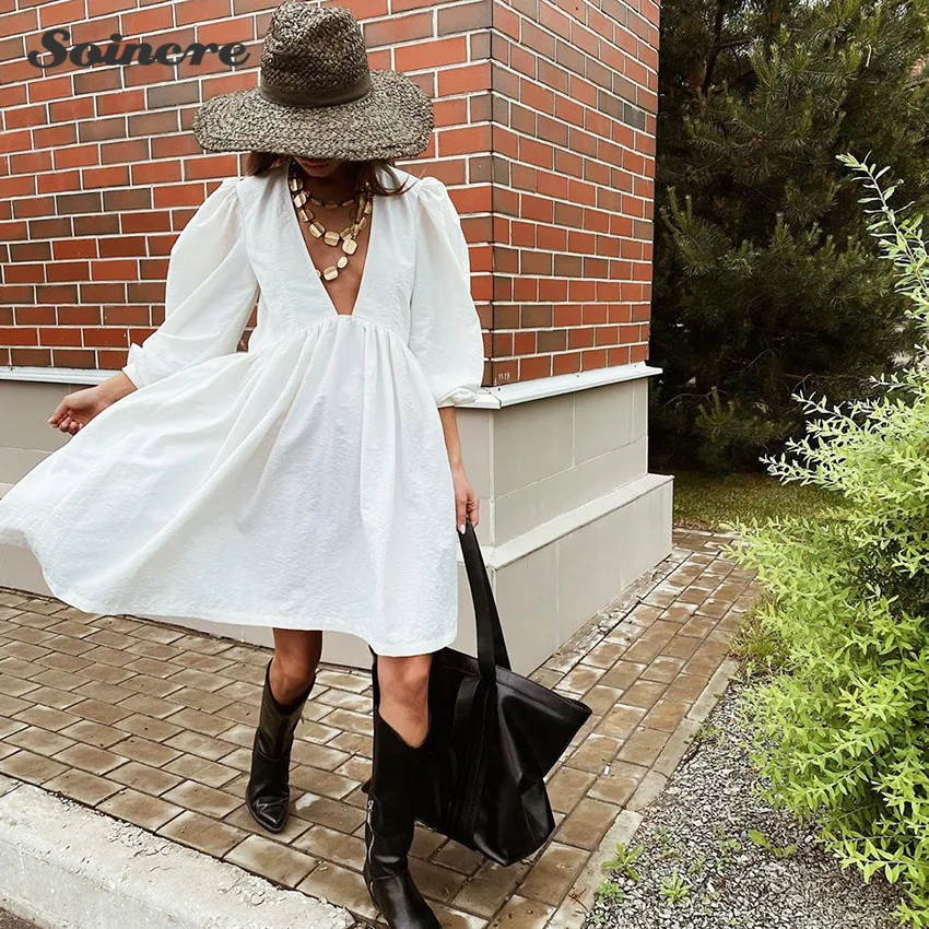 

Autumn Casual Dress for Women 2021 Sexy Deep V-neck Puff Sleeve Long-sleeved Cotton Loose Dresses Female Elegant Lady French New