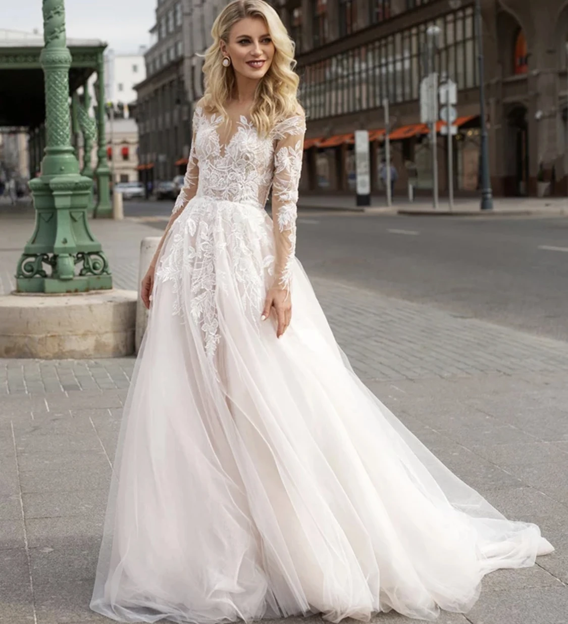 Wedding Dress A-Line Sheer Neck Full Sleeve Backless Button Tulle Floor Length Sweep Train Elegant Bride Gown Custom Made 2021 second hand wedding dresses