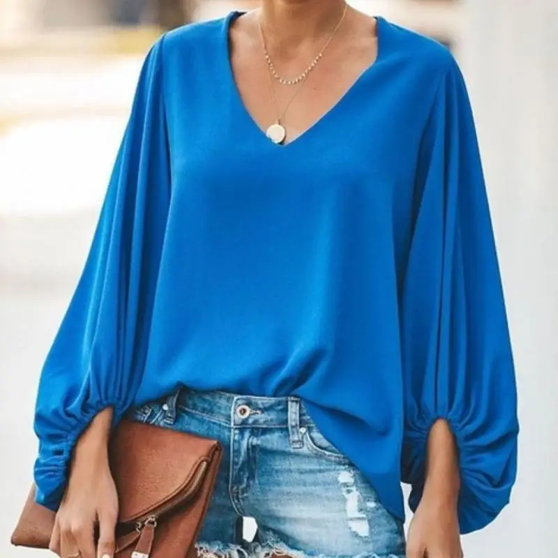 2020 Lantern Sleeve Loose Womens Plus Size Fashions T-shirt Spring New V-neck Solid Tshirt Tops Women Clothes | Женская одежда