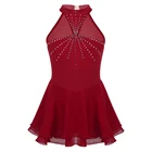 Детское балетное платье, гимнастическое трико, для девочек, без рукавов, с лямкой на шее, сверкающее стразы, Тюлевое сращивающееся платье для фигурок, катания на коньках, танцевальная одежда