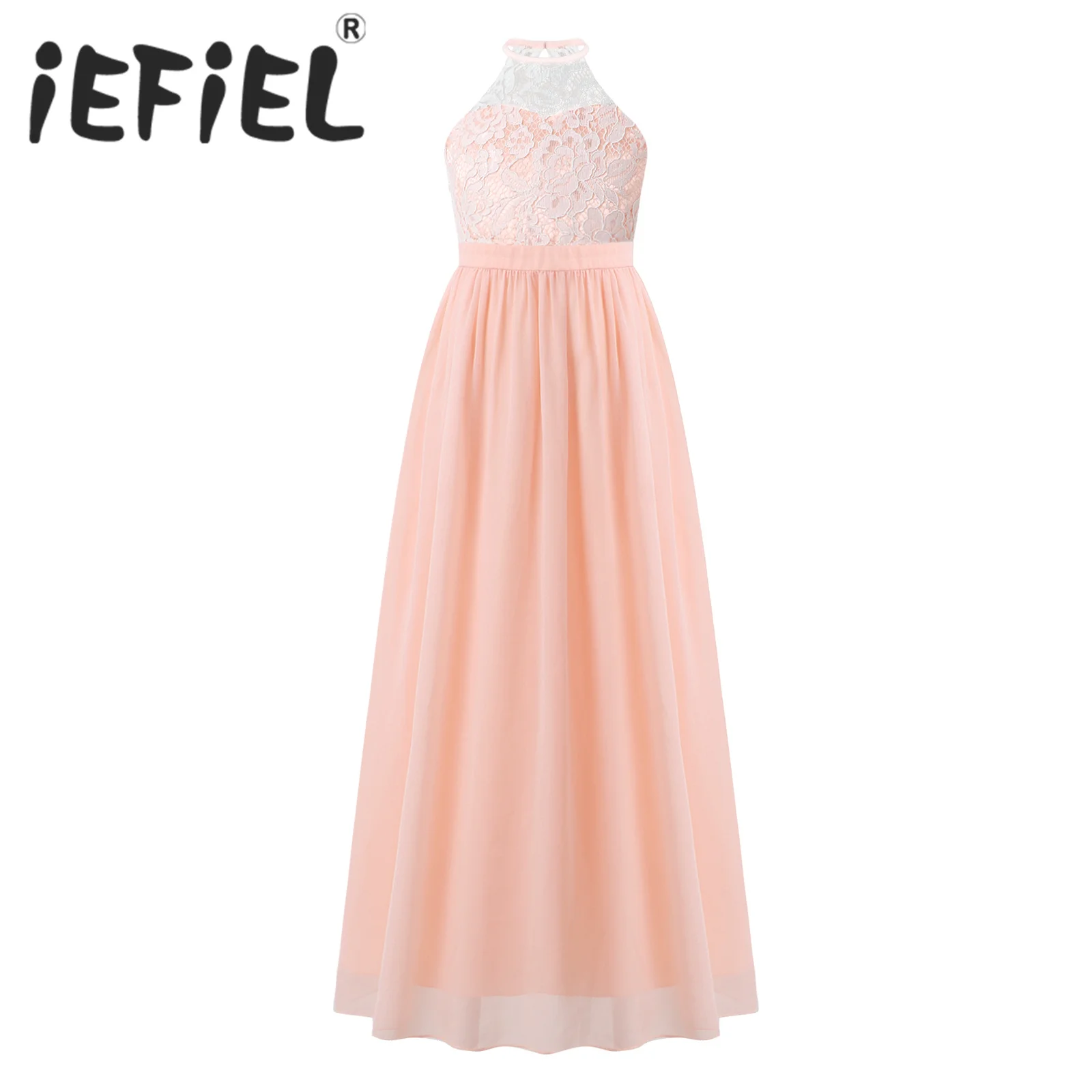 

Kids Girls Flower Princess Bridesmaid Elegant Lace Chiffon Dress Halter Neck Sleeveless High Waist Maxi First Communion Dress
