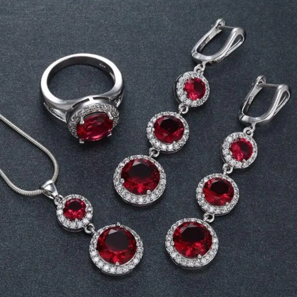 

Elegant Women Round Rhinestone Pendant Chain Necklace Earrings Ring Jewelry Set