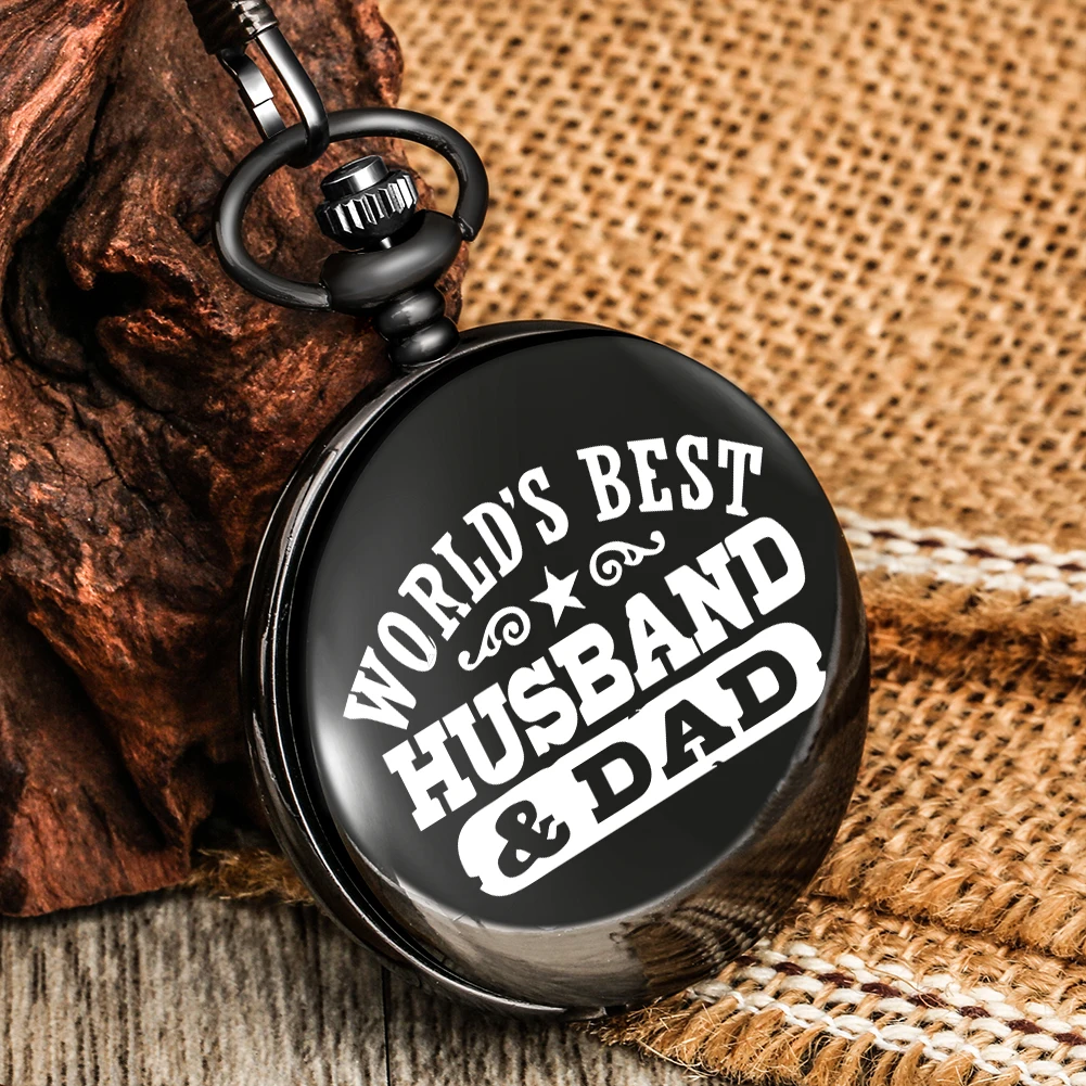 

World's Best Husband & Dad Pattern Pocket Watch Black Personalized Text Printed Pendant Watches Gift Present for Husband/Man
