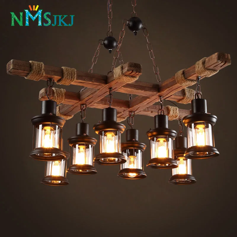 Промышленная антикварная деревянная 8 лампа ретро люстра для бара кафе Вилла