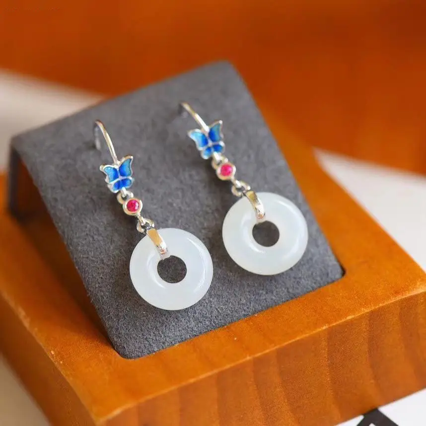 

New silver inlaid with natural Hetian Chalcedony long earrings butterfly cute small fresh retro Chinese women's brand jewelry