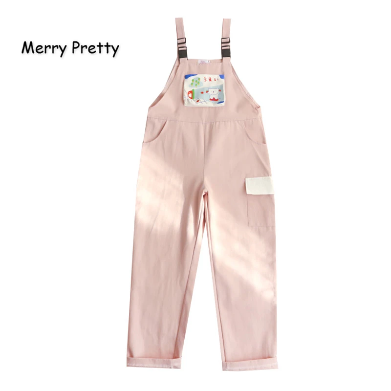 

Women's Cartoon Print Overalls Pants Casual Solid Cotton Jumpsuits 2021 New Sweet Style Hight Waist Pocket Trousers MERRY PRETTY