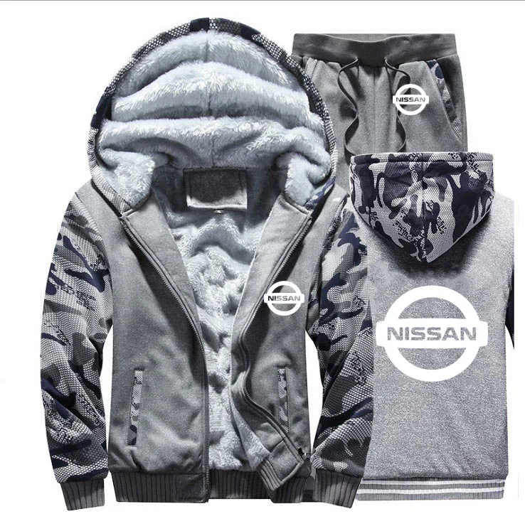 

Winter Hoodies Men Nissan Car Logo Mens Hoodies Suit Thicken Warm Fleece cotton Zipper Tracksuit Mens Jacket+Pants 2Pcs Sets