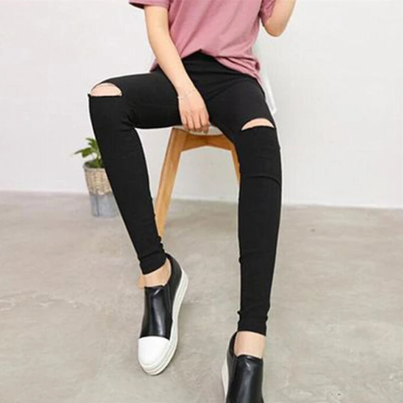 

Black hole trousers High Waist Pants Women Drawstring Waist Skinny Trousers Women Leggings Hole Sweatpants