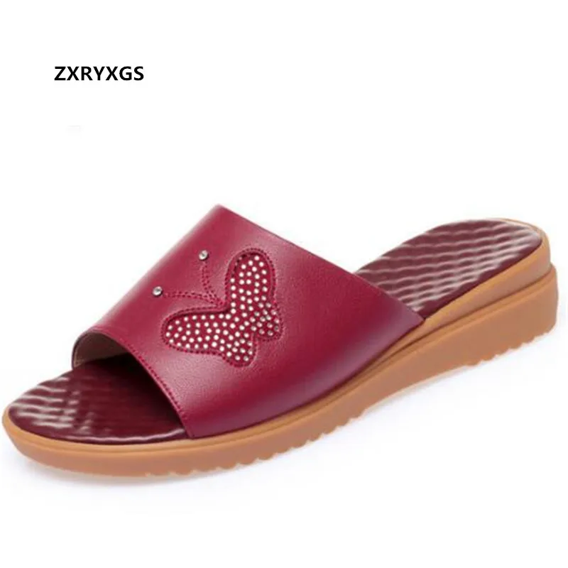 

2021 New Fish Mouth Rhinestone Genuine Leather Women Sandal Shoes Fashion Slippers Flat Heel Plus Size Casual Slippers Sandals
