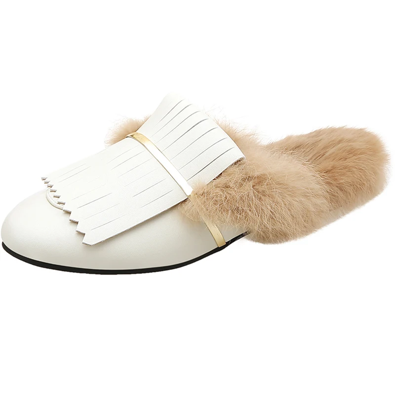 Женские уличные тапочки с кроличьим мехом Новинка 2020 года Лоферы Baotou Женская