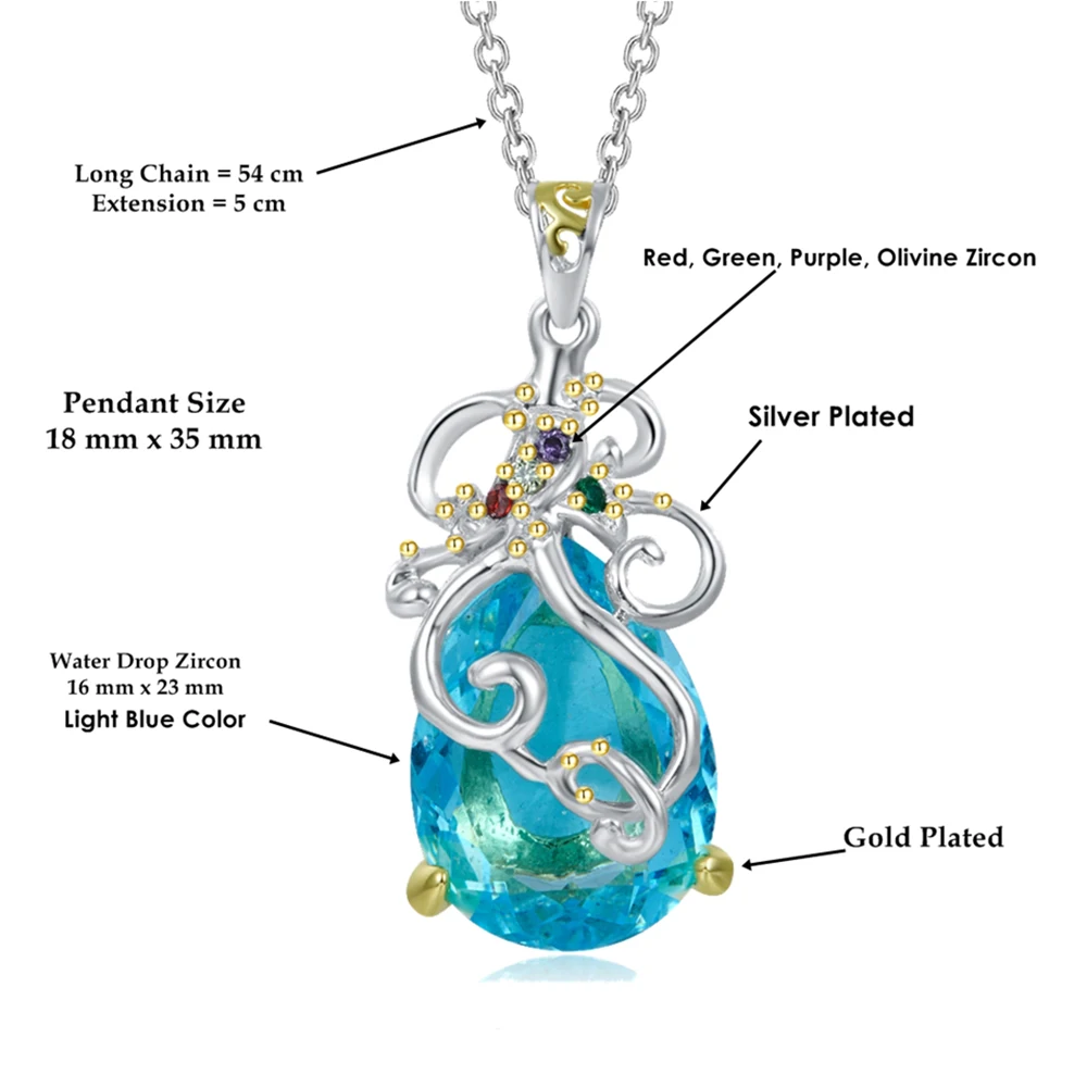 

Vintage Teardrop Blue Crystal Pendant With Long Chain Brass Necklace Cubic Zirconia Stone 2 Tone Jewellery