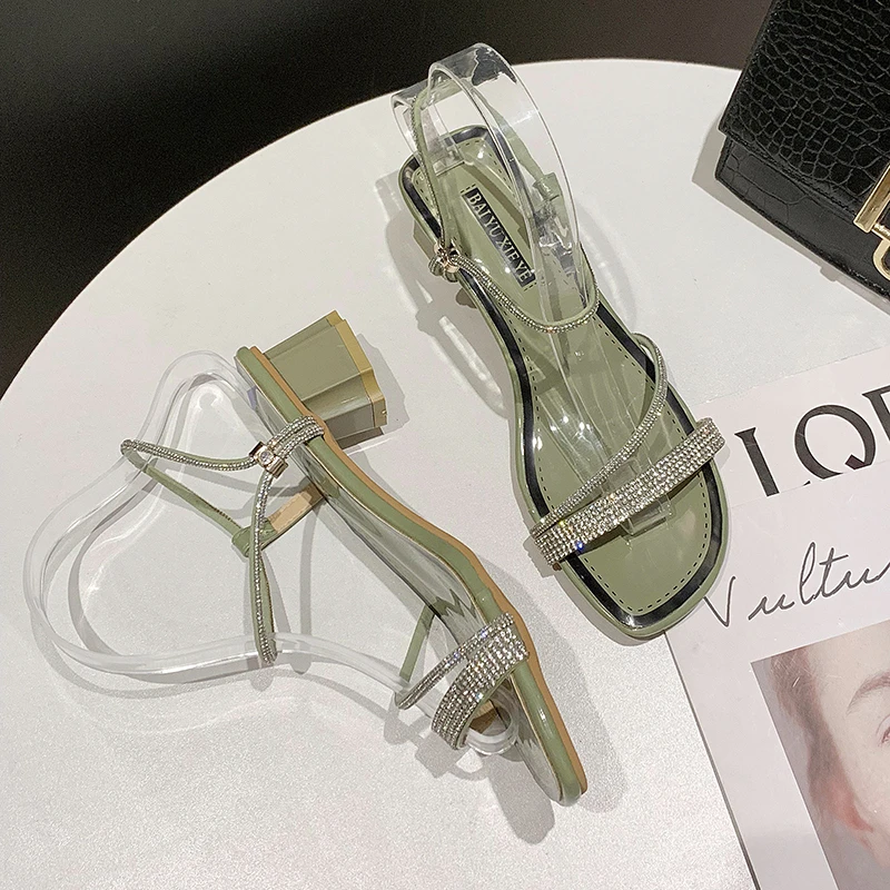 

Lucyever 2021 Bling Crystal Cross Strap Sandals Women Slip on Square Heels Shoes Woman Summer Open Toe Beach Sandals Female