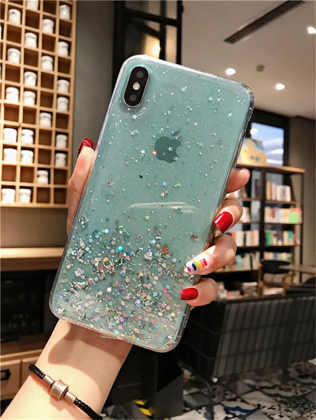 NJIEER Блестящий блестящий чехол для iphone X 11 Pro XS MAX XR Блестящий Прозрачный чехол для iphone 8 7 6 6S Plus Мягкий чехол из ТПУ - Цвет: Небесно-голубой