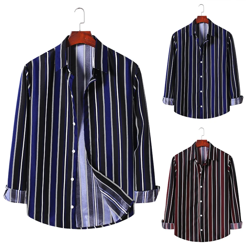 

2020 New Men's Autumn and Winter Long-Sleeve Blouse Men's Fashionable Stripe Lapel Button Long-Sleeved Shirt Al003