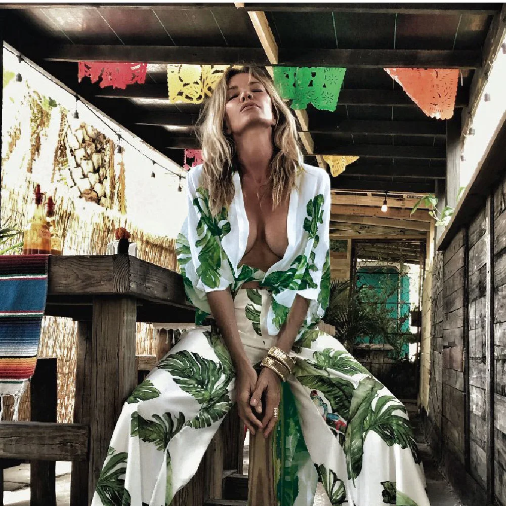 2021 Boho Leaves Print Chiffon Blouse Plus Size Long Kimono Dress Women Summer Tops Half Sleeve Top Women Ins Style Shirts A791