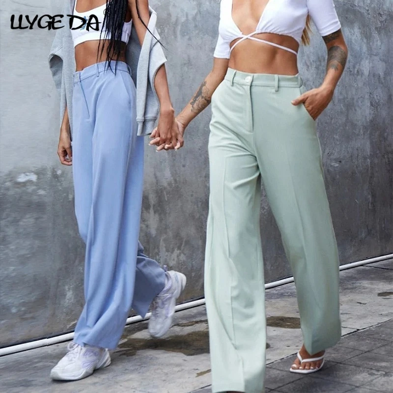 

Женские прямые брюки с высокой талией, однотонный офисный Блейзер, брюки для женщин, Свободные повседневные длинные брюки, весна-лето 2021