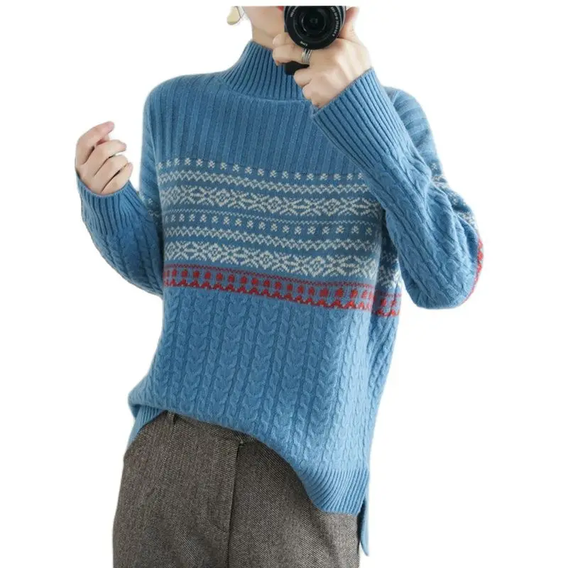 

Snaoutofit Зимний новый кашемировый свитер женский пуловер с воротником средней длины жаккардовый с длинными рукавами толстый теплый шерстяной...