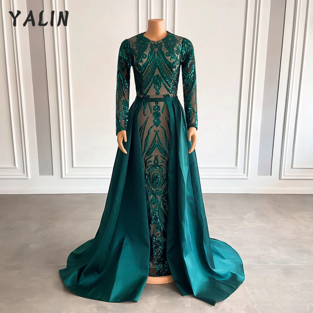 

YALIN Dark Green Satin Evening Dresses High Neck Long Sleeve Formal Party Dress For Women Mermaid Sequin Robe De Soiree